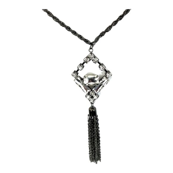 New Boutique Necklace Clear Stones Tassel Hematite Tone Women's 1L - Picture 10 of 10